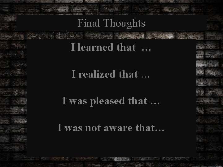 Final Thoughts I learned that … I realized that … I was pleased that