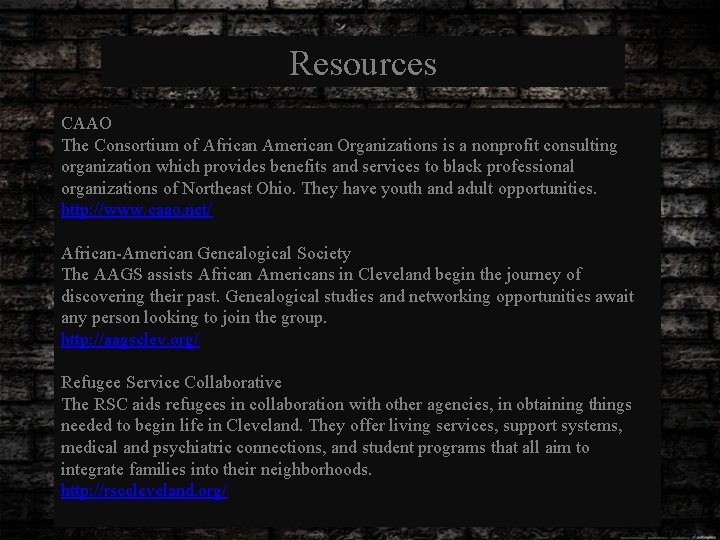 Resources CAAO The Consortium of African American Organizations is a nonprofit consulting organization which