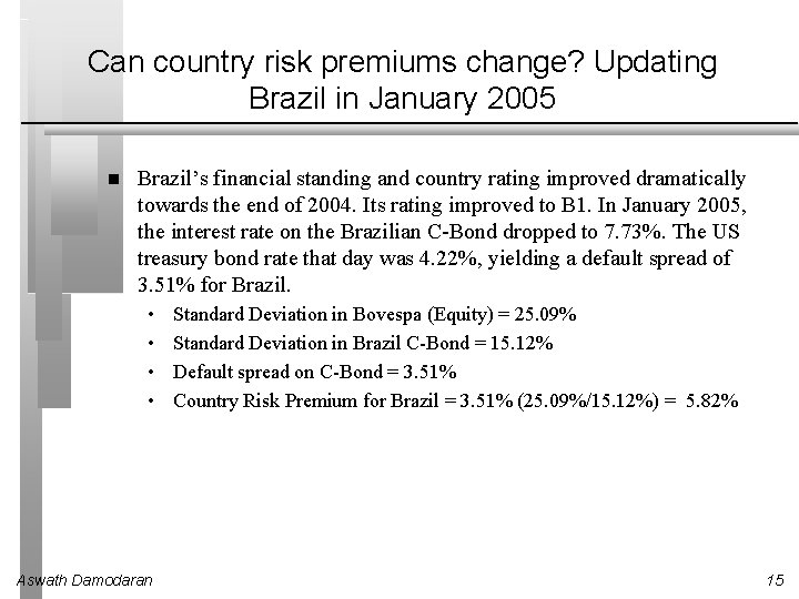Can country risk premiums change? Updating Brazil in January 2005 Brazil’s financial standing and