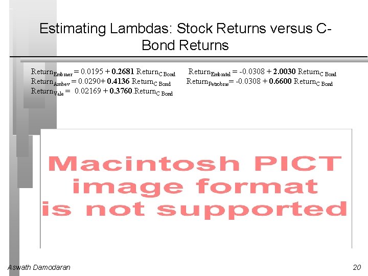 Estimating Lambdas: Stock Returns versus CBond Returns Return. Embraer = 0. 0195 + 0.