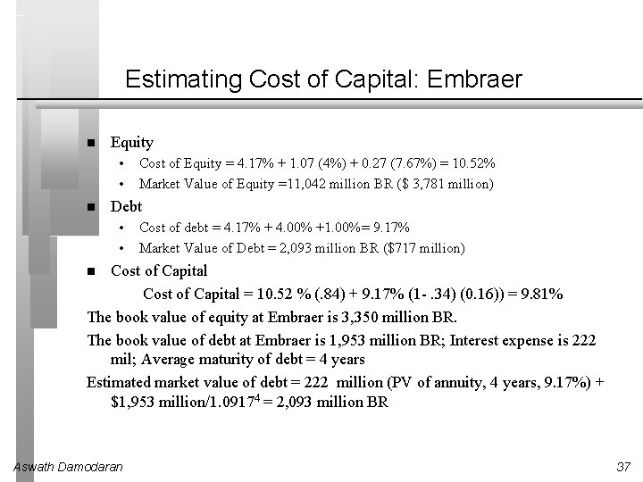 Estimating Cost of Capital: Embraer Equity • • Cost of Equity = 4. 17%