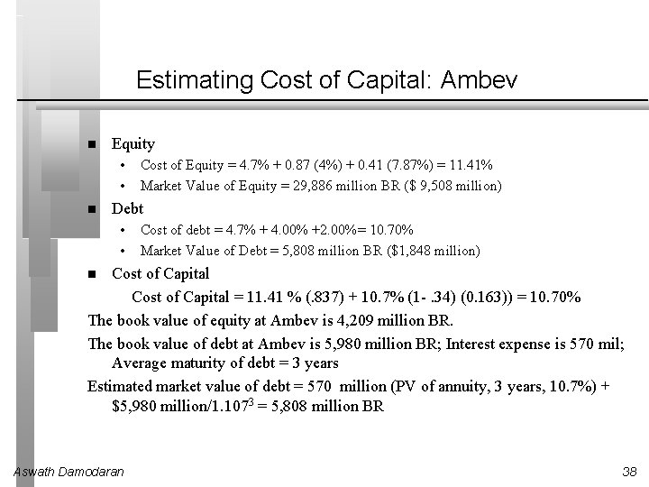 Estimating Cost of Capital: Ambev Equity • • Cost of Equity = 4. 7%
