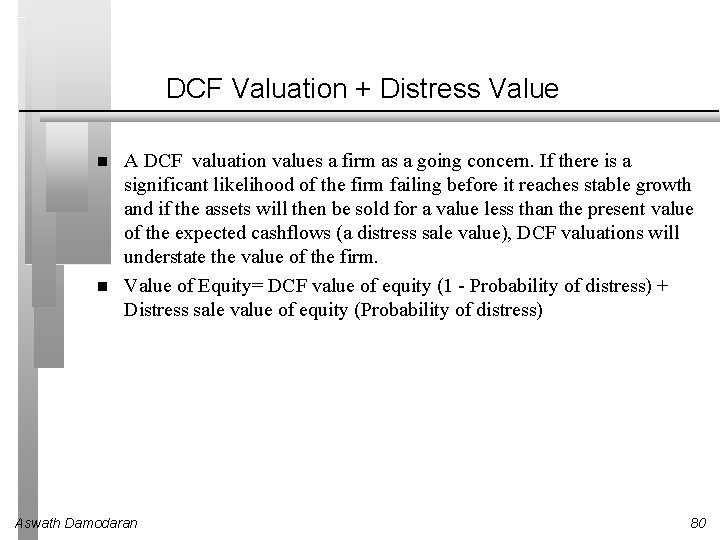 DCF Valuation + Distress Value A DCF valuation values a firm as a going