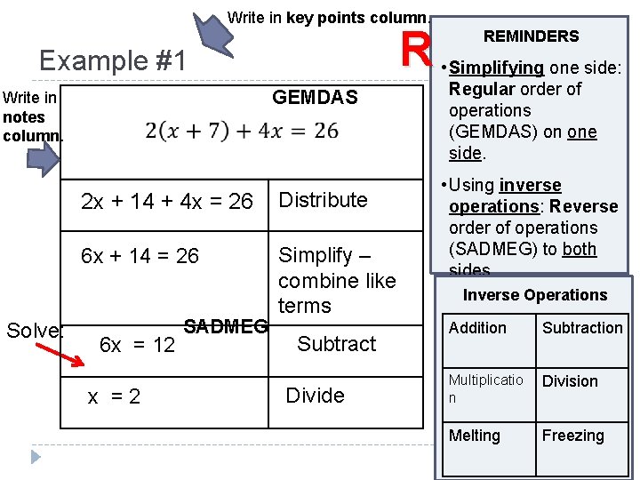 Write in key points column. R Example #1 GEMDAS Write in notes column. Solve: