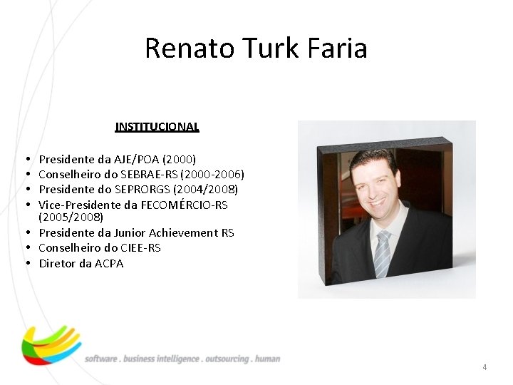 Renato Turk Faria INSTITUCIONAL Presidente da AJE/POA (2000) Conselheiro do SEBRAE-RS (2000 -2006) Presidente