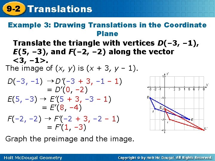 9 -2 Translations Example 3: Drawing Translations in the Coordinate Plane Translate the triangle 9 -2 Translations Example 3: Drawing Translations in the Coordinate Plane Translate the triangle