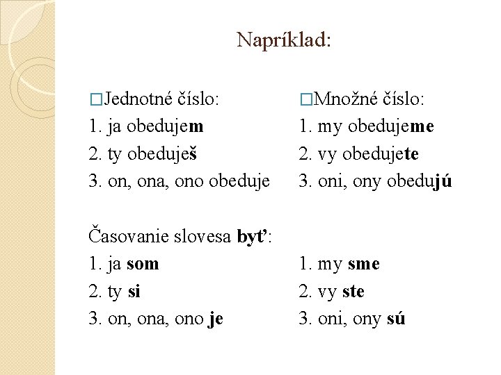 Napríklad: �Jednotné číslo: 1. ja obedujem 2. ty obeduješ 3. on, ona, ono obeduje