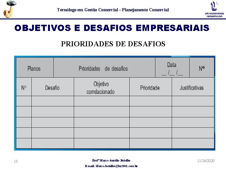 Tecnólogo em Gestão Comercial – Planejamento Comercial OBJETIVOS E DESAFIOS EMPRESARIAIS PRIORIDADES DE DESAFIOS