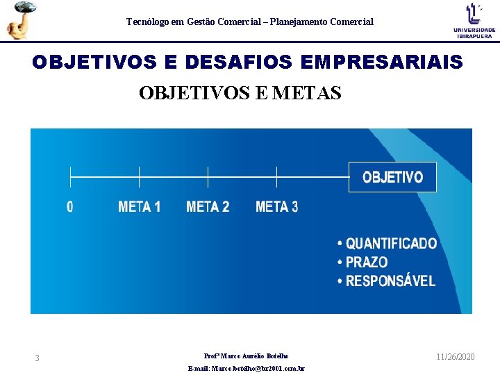 Tecnólogo em Gestão Comercial – Planejamento Comercial OBJETIVOS E DESAFIOS EMPRESARIAIS OBJETIVOS E METAS