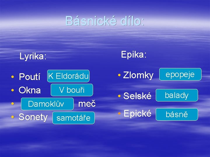 Básnické dílo: Lyrika: • • Poutí K Eldorádu V bouři Okna meč Damoklův Sonety