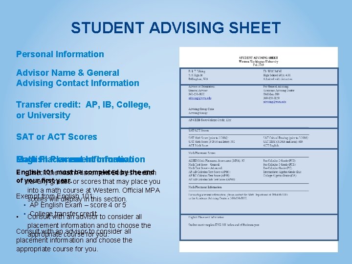 STUDENT ADVISING SHEET Personal Information Advisor Name & General Advising Contact Information Transfer credit: STUDENT ADVISING SHEET Personal Information Advisor Name & General Advising Contact Information Transfer credit: