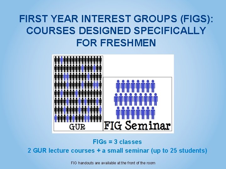 FIRST YEAR INTEREST GROUPS (FIGS): COURSES DESIGNED SPECIFICALLY FOR FRESHMEN FIGs = 3 classes
