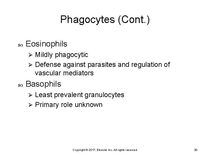 Phagocytes (Cont. ) Eosinophils Mildly phagocytic Ø Defense against parasites and regulation of vascular