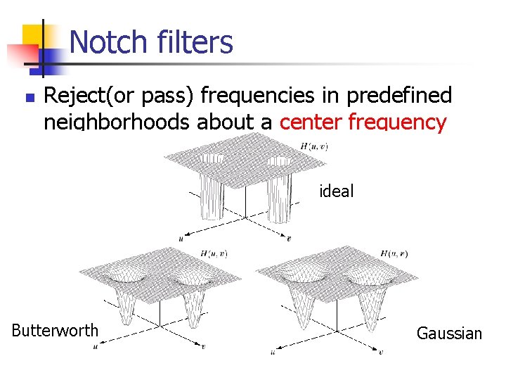 Notch filters n Reject(or pass) frequencies in predefined neighborhoods about a center frequency ideal