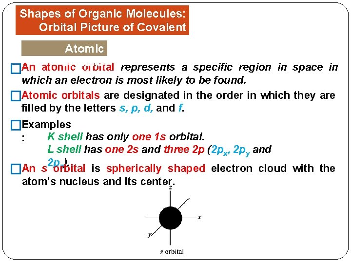Shapes of Organic Molecules: Orbital Picture of Covalent Bonds Atomic Orbitals �An atomic orbital