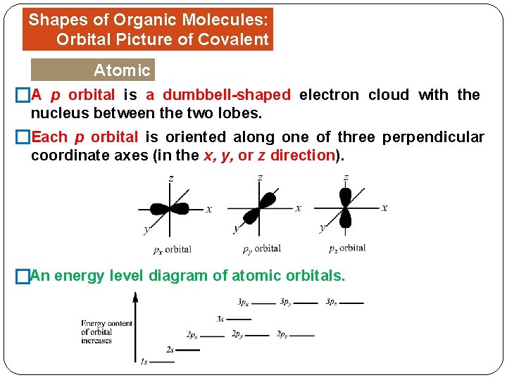 Shapes of Organic Molecules: Orbital Picture of Covalent Bonds Atomic Orbitals is a dumbbell-shaped