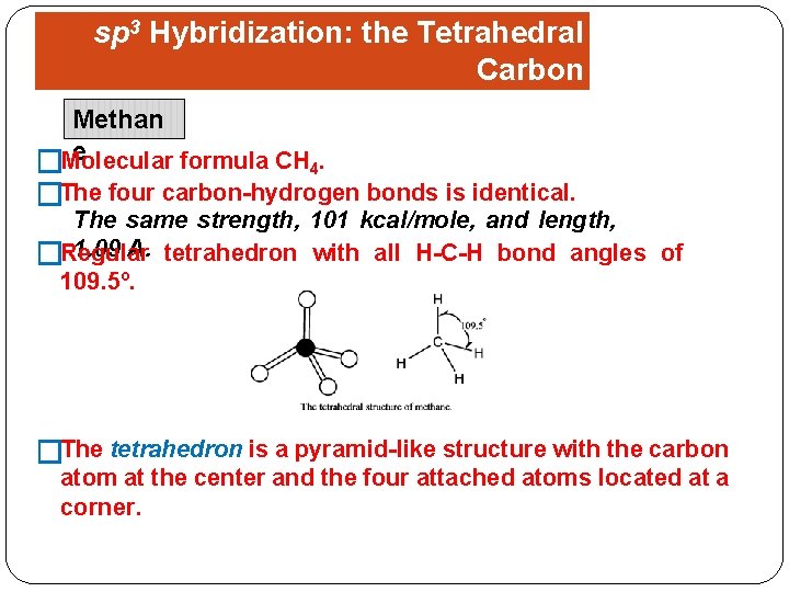 sp 3 Hybridization: the Tetrahedral Carbon Methan. Shapes of Organic Molecules e formula CH