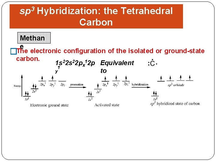 sp 3 Hybridization: the Tetrahedral Carbon Methan Shapes of Organic Molecules e �The electronic