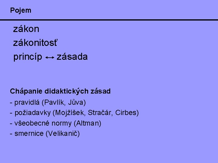 Pojem zákonitosť princíp zásada Chápanie didaktických zásad - pravidlá (Pavlík, Jůva) - požiadavky (Mojžíšek, Pojem zákonitosť princíp zásada Chápanie didaktických zásad - pravidlá (Pavlík, Jůva) - požiadavky (Mojžíšek,