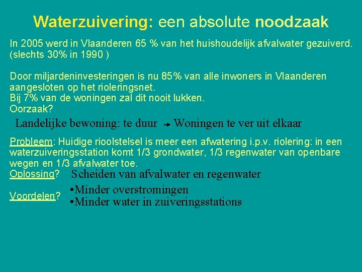 Waterzuivering: een absolute noodzaak In 2005 werd in Vlaanderen 65 % van het huishoudelijk