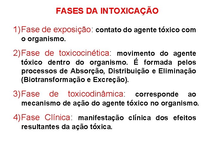FASES DA INTOXICAÇÃO 1) Fase de exposição: contato do agente tóxico com o organismo.