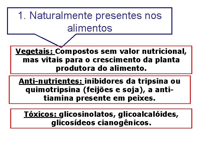 1. Naturalmente presentes nos alimentos Vegetais: Compostos sem valor nutricional, mas vitais para o