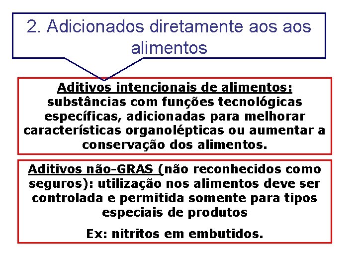 2. Adicionados diretamente aos alimentos Aditivos intencionais de alimentos: substâncias com funções tecnológicas específicas,