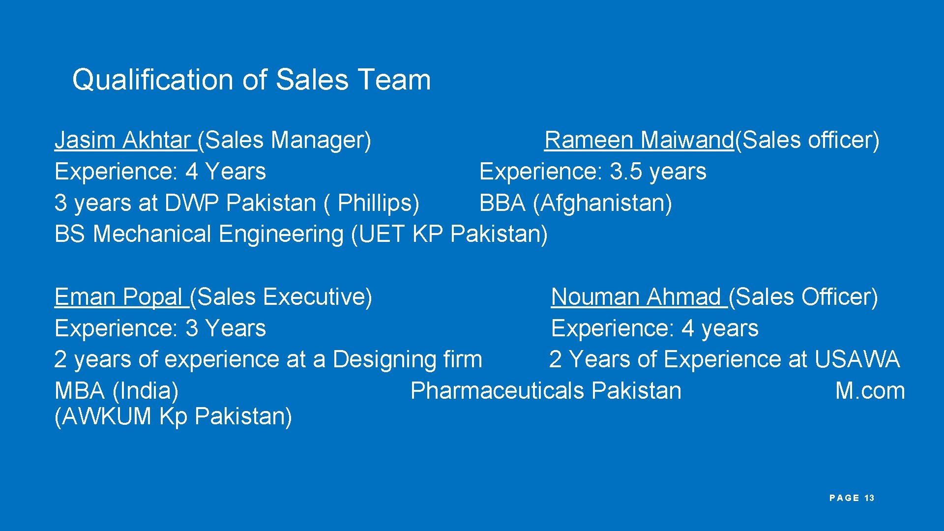 Qualification of Sales Team Jasim Akhtar (Sales Manager) Rameen Maiwand(Sales officer) Experience: 4 Years