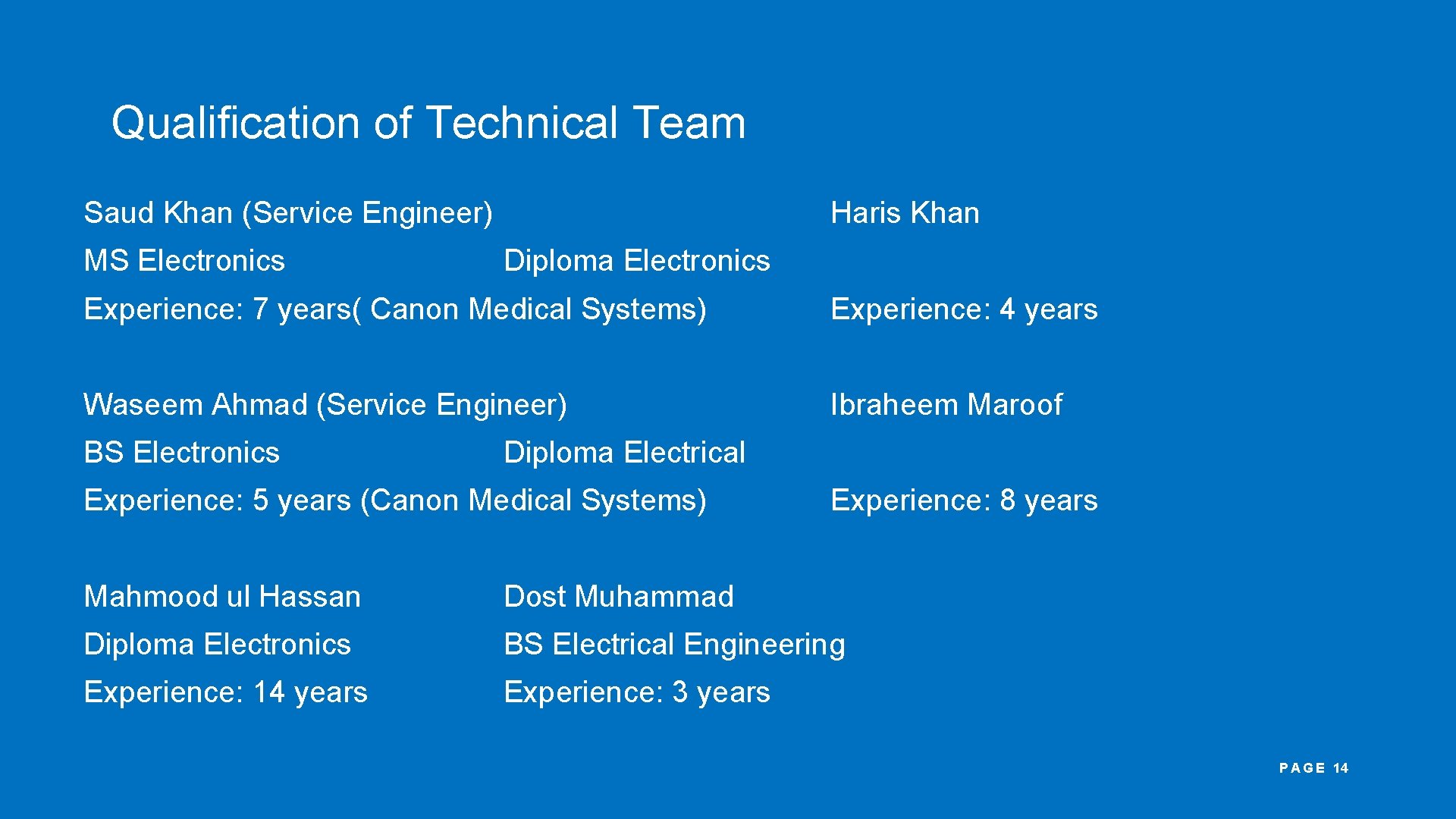 Qualification of Technical Team Saud Khan (Service Engineer) MS Electronics Haris Khan Diploma Electronics