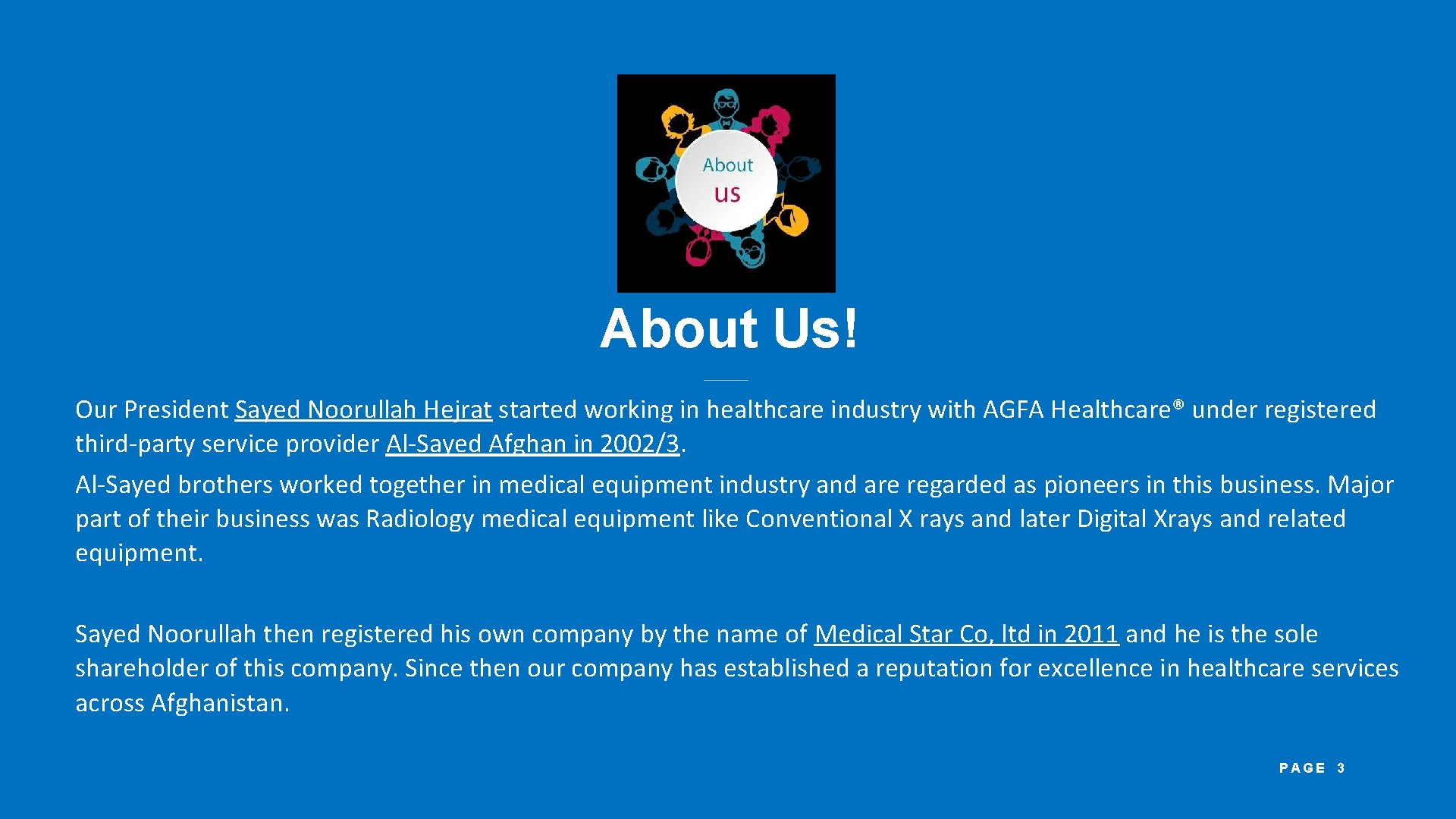 About Us! Our President Sayed Noorullah Hejrat started working in healthcare industry with AGFA