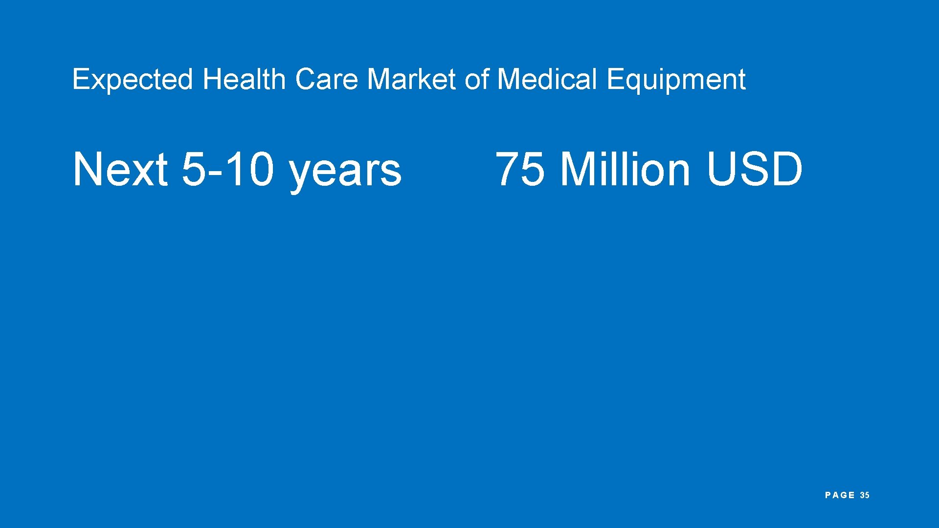 Expected Health Care Market of Medical Equipment Next 5 -10 years 75 Million USD