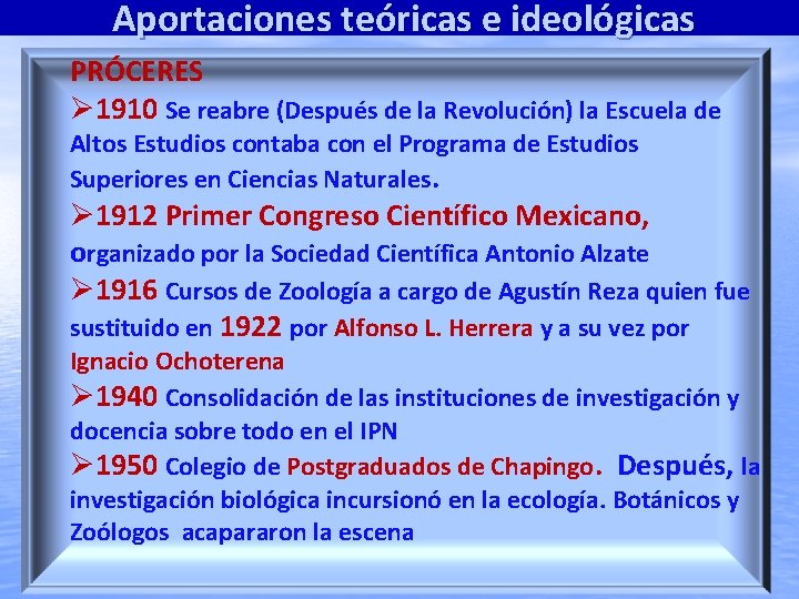 Aportaciones teóricas e ideológicas PRÓCERES 1910 Se reabre (Después de la Revolución) la Escuela