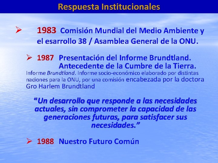Respuesta Institucionales 1983 Comisión Mundial del Medio Ambiente y el esarrollo 38 / Asamblea