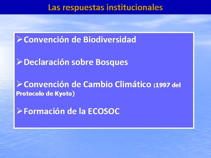 Las respuestas institucionales Convención de Biodiversidad Declaración sobre Bosques Convención de Cambio Climático (1997
