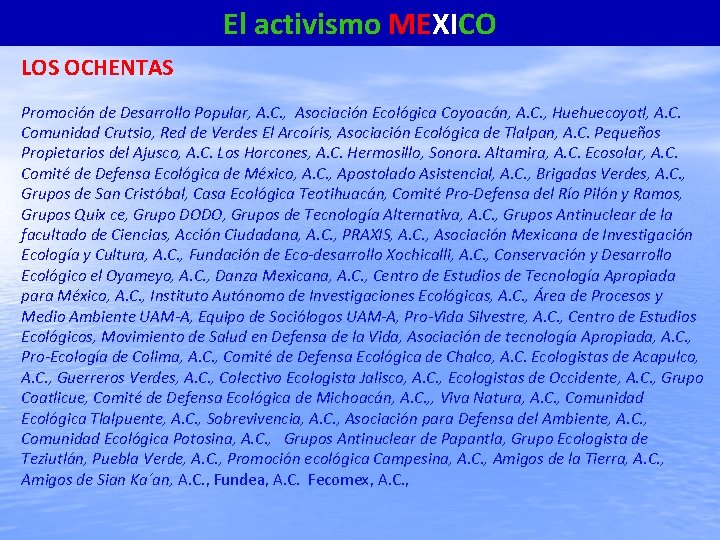 El activismo MEXICO LOS OCHENTAS Promoción de Desarrollo Popular, A. C. , Asociación Ecológica
