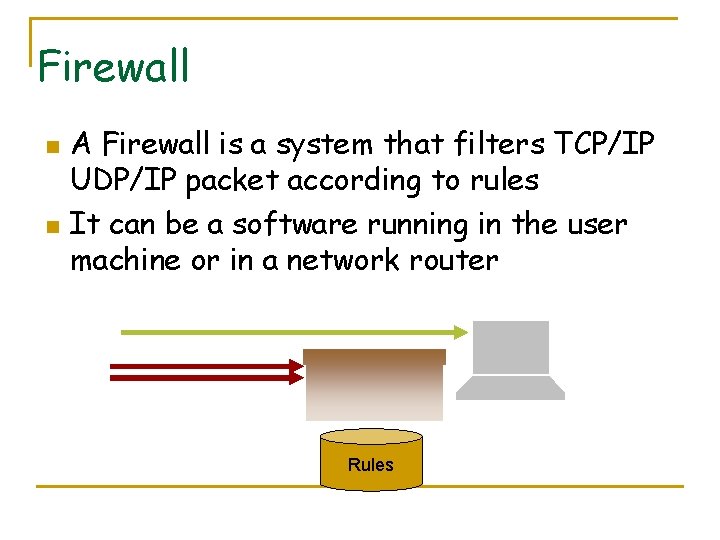 Firewall n n A Firewall is a system that filters TCP/IP UDP/IP packet according