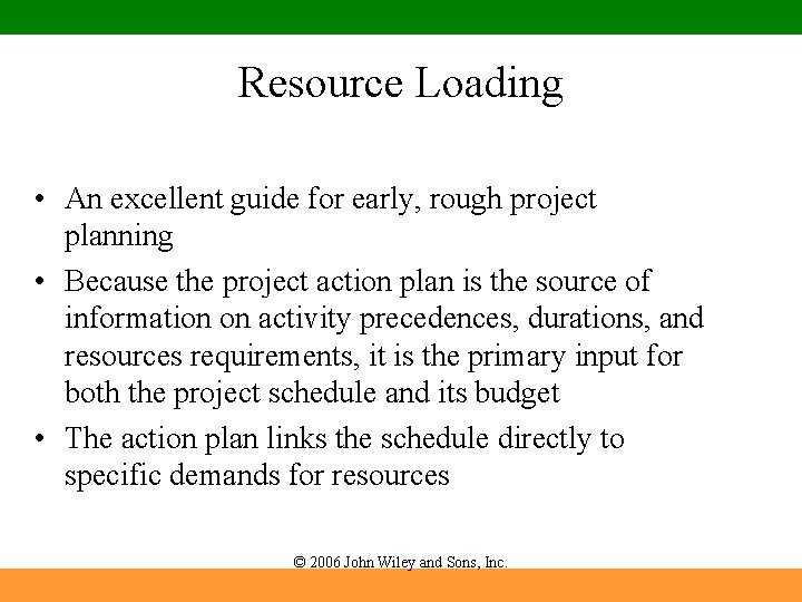 Resource Loading • An excellent guide for early, rough project planning • Because the