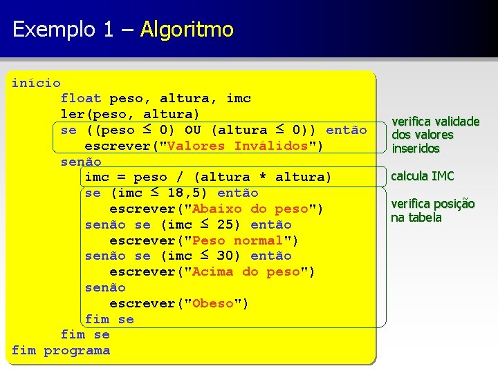 Exemplo 1 – Algoritmo início float peso, altura, imc ler(peso, altura) se ((peso ≤