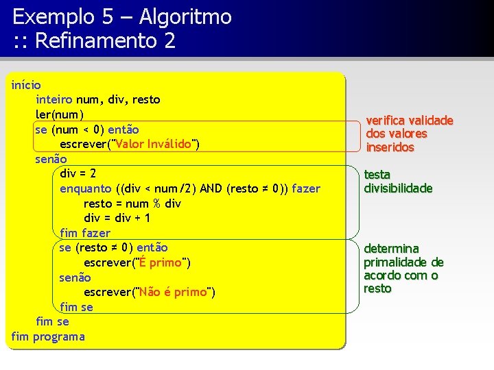 Exemplo 5 – Algoritmo : : Refinamento 2 início inteiro num, div, resto ler(num)