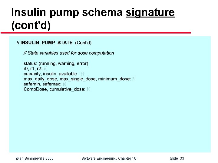 Insulin pump schema signature (cont'd) ©Ian Sommerville 2000 Software Engineering, Chapter 10 Slide 33