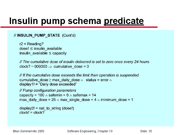 Insulin pump schema predicate ©Ian Sommerville 2000 Software Engineering, Chapter 10 Slide 35 