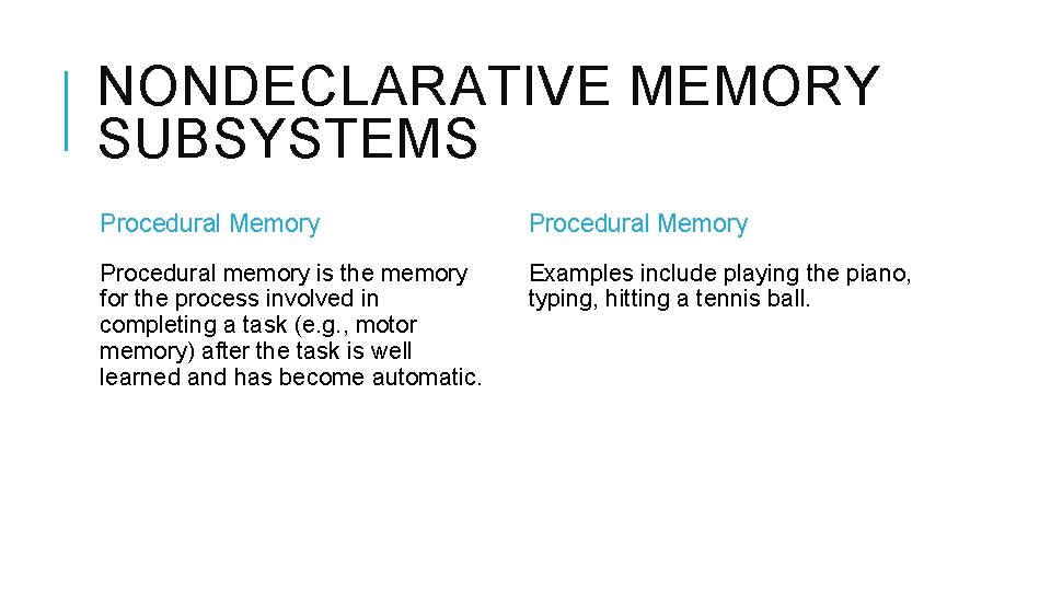 NONDECLARATIVE MEMORY SUBSYSTEMS Procedural Memory Procedural memory is the memory for the process involved