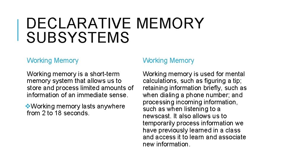 DECLARATIVE MEMORY SUBSYSTEMS Working Memory Working memory is a short-term memory system that allows
