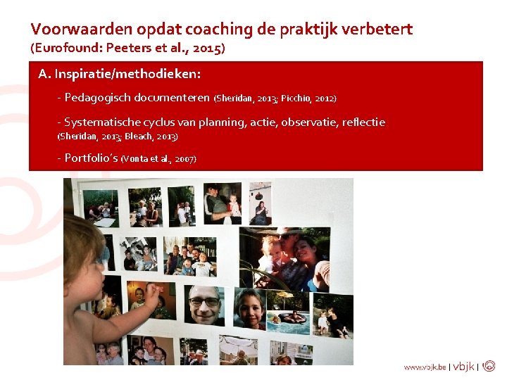 Voorwaarden opdat coaching de praktijk verbetert (Eurofound: Peeters et al. , 2015) A. Inspiratie/methodieken: