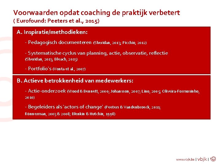 Voorwaarden opdat coaching de praktijk verbetert ( Eurofound: Peeters et al. , 2015) A.