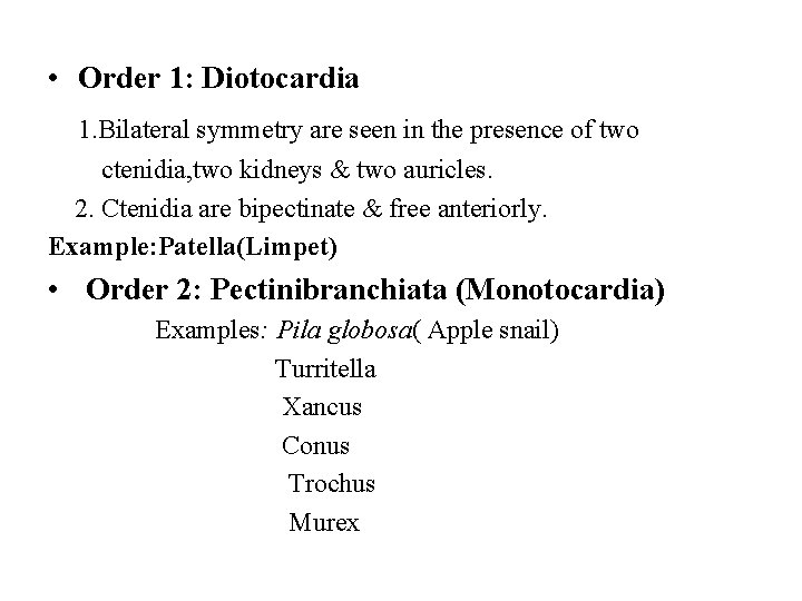  • Order 1: Diotocardia 1. Bilateral symmetry are seen in the presence of