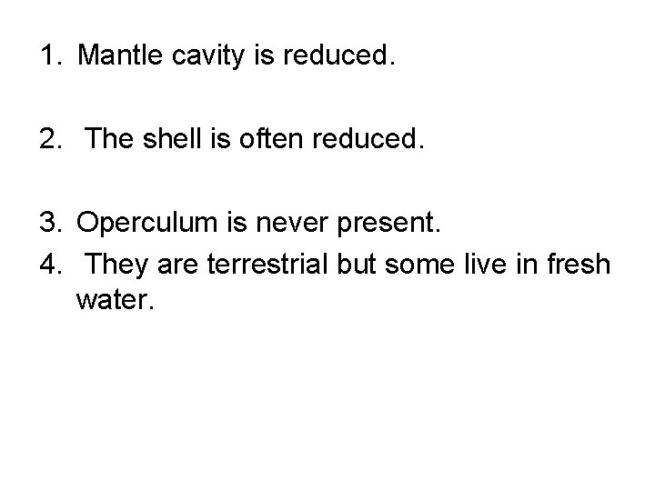 1. Mantle cavity is reduced. 2. The shell is often reduced. 3. Operculum is