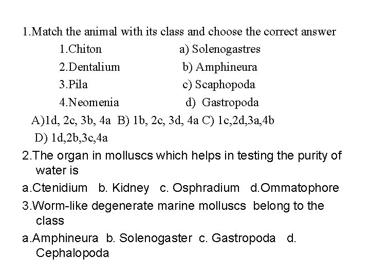 1. Match the animal with its class and choose the correct answer 1. Chiton
