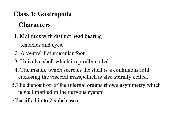 Class 1: Gastropoda Characters 1. Molluscs with distinct head bearing tentacles and eyes. 2.