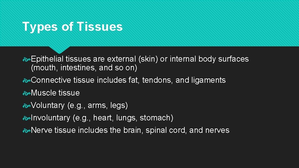 Types of Tissues Epithelial tissues are external (skin) or internal body surfaces (mouth, intestines,